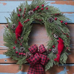 20 Inch Grapevine Holiday Winter Faux Cedar Wreath With Red Cardinals